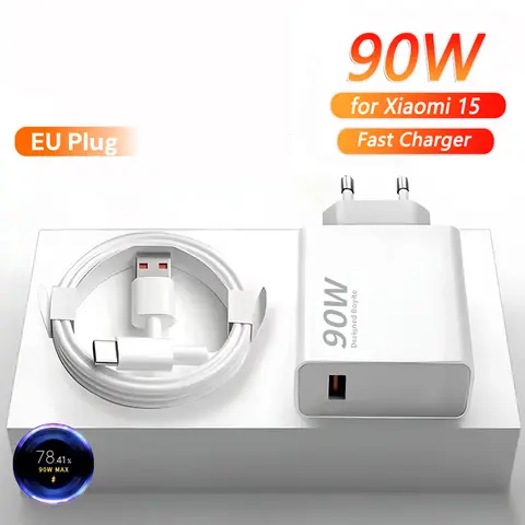 90W Charger Fast Turbo Charging Eu Wall Power Adapter 6A Type C Cable For Mi 15Ultra 14 13 12 Ultra Poco F7 Pro