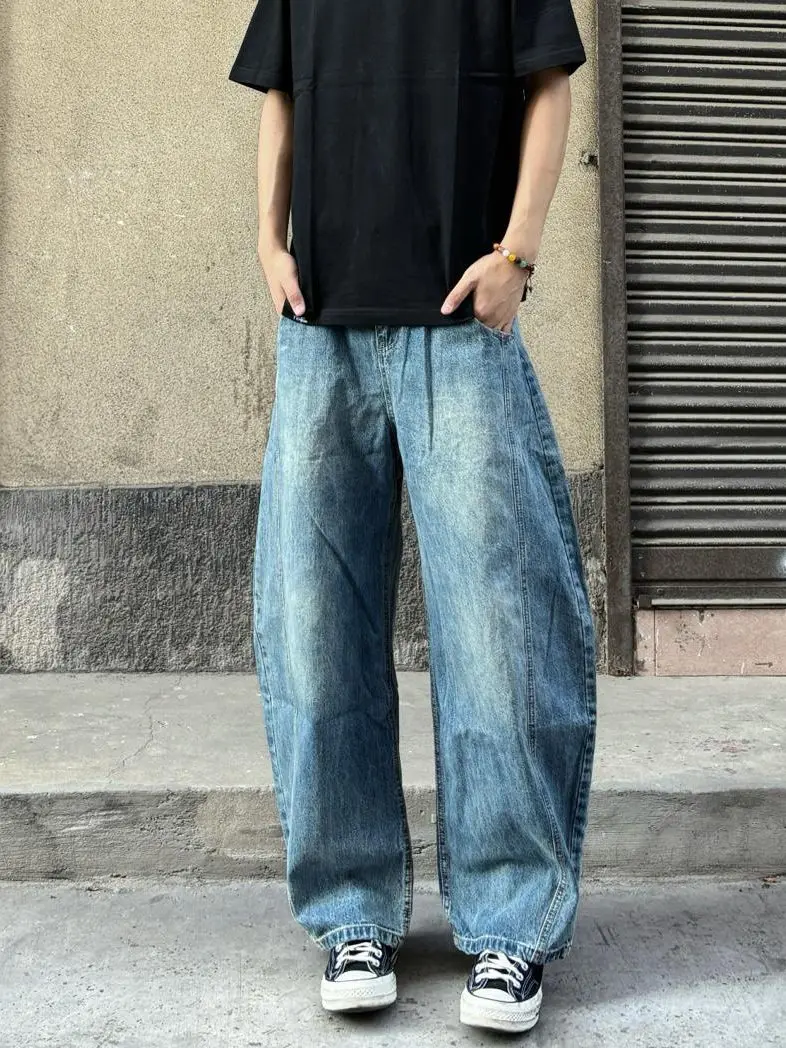 

Retro American Vibe Blue Waed Outdated Knife Men's Loose Wide Leg Lazy Long Jeans Casual Straight Cut Denim Pants