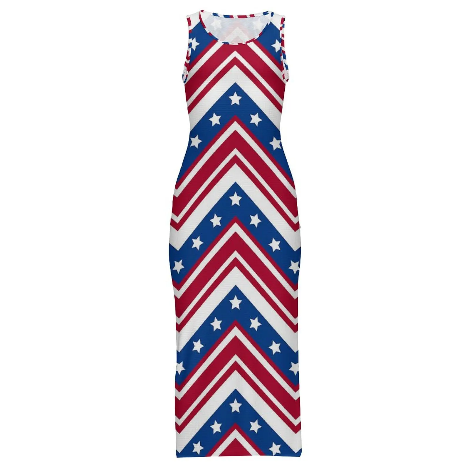 Abito aderente da donna Elegante bandiera USA Maxi abiti estivi Rosso bianco e blu Zigzag senza maniche Casual Y2k Abito fai da te personalizzato