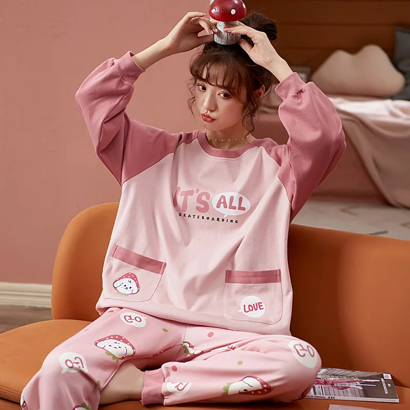 

Комплект пижам больших размеров для женщин: хлопковая домашняя одежда с длинными рукавами для весны и осени, свободная, милая, дышащая ночная рубашка