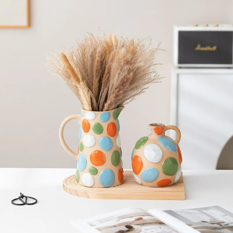 Painted Series Ceramic Vase Ornament Creative Dried Flower Arrangement Device with Handle Pot Decorative Handicraft Jarrones