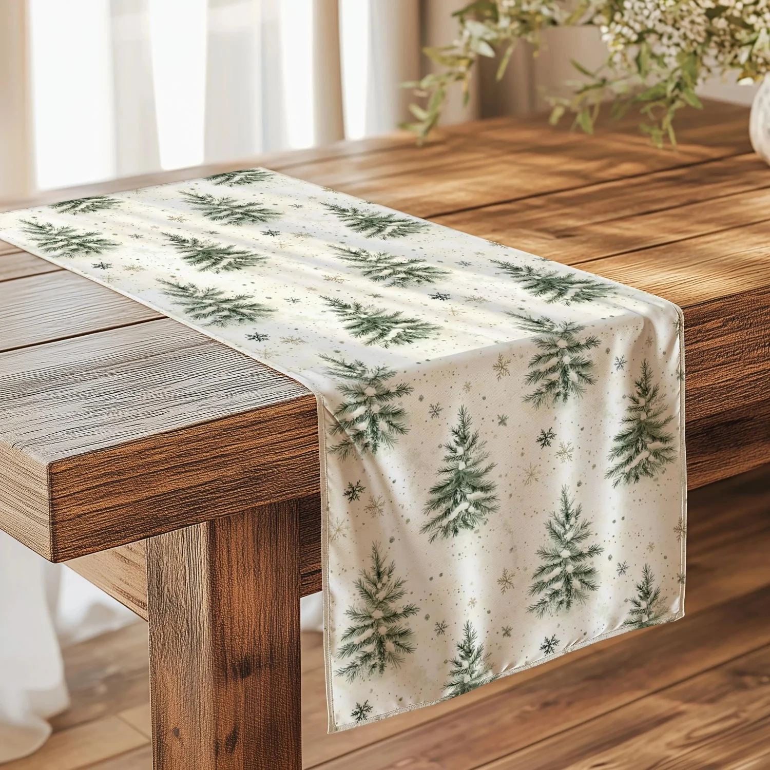 Elegant Christmas Tree Table Runner Green White Gold, Holiday Table Decor, Winter Tablecloth