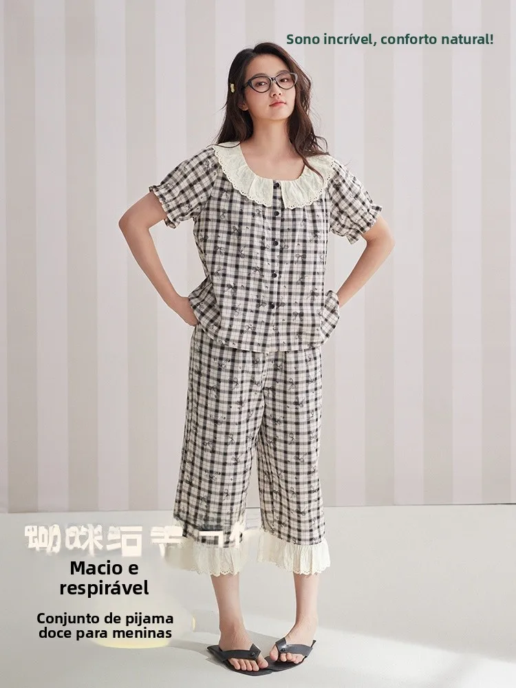 anziban-pure-cotton-sleepwear-short-sleeve-seven-piece-pants-doll-collar-plaid-sweet-home-clothes-set-suitable-for-outdoor-wear