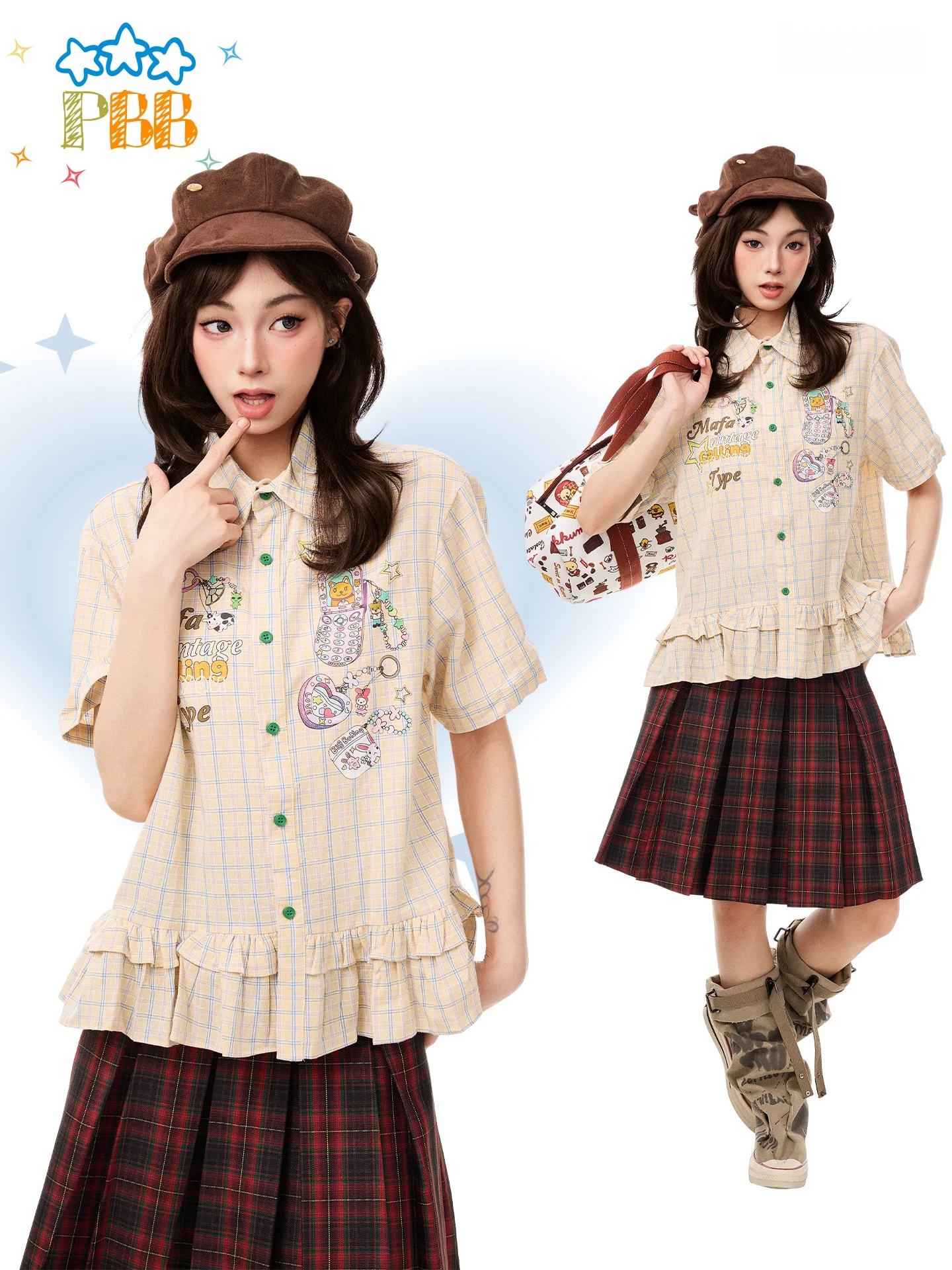 

PBB Cartoon Print Shirt Women's Loose Fit Floral Splicing Slimming Short Sleeve Casual Style Cotton Blend Summer Top