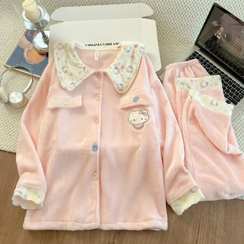 Hello Kitty pyjama meisjes herfst en winter koraal fluweel verdikte warme lange mouwen schattige cartoon pop kraag huiskledingset