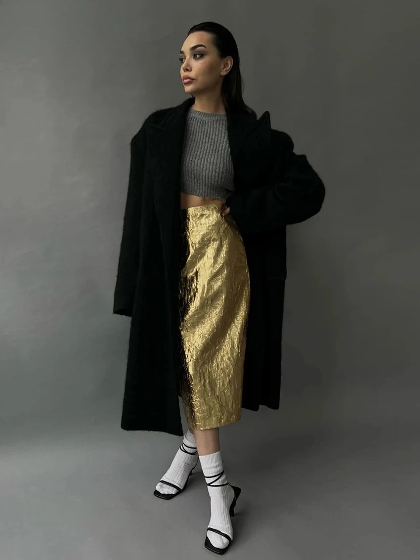 Fashion Slim Gold Women'S Skirt Elegant Chic High Waist Midi Skirts Streetwear Vintage Faldas Skirt Female Clothing