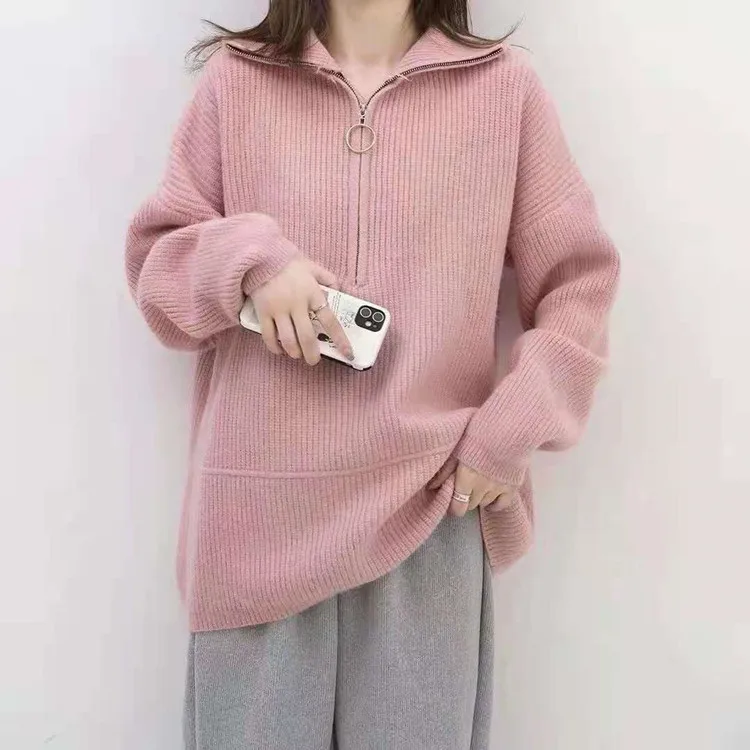 Half Zip High Neck Pullover Sweater for Women in Autumn and Winter, Loose Collar, Outer Knitted Sweater