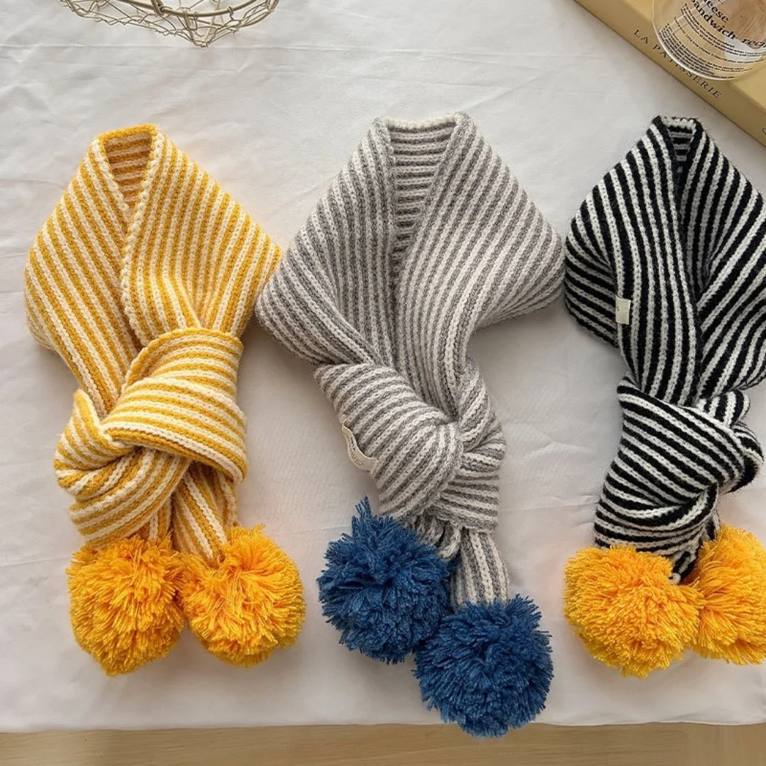 Winter Baby Striped Knitting Scarf Color Block Pom Pom Ball Warm Baby Scarf for Boys Girls Vintage Toddler Thicken Soft Scarf