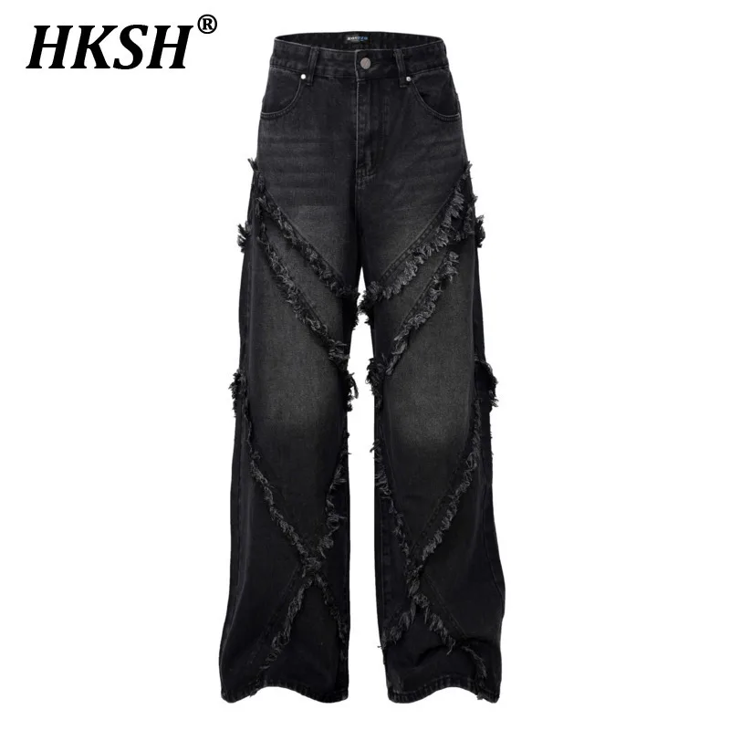 HKSH High Street American Washed Distressed Spliced Cat Whisker Jeans Men Tide Women Trendy Brand Loose Wide Leg Straight HK3952