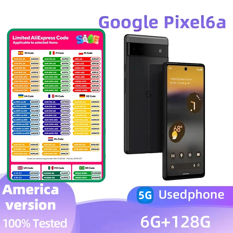 Google Pixel6a 5G SmartPhone CPU Google Tensor Battery capacity 4410mAh 12MP Cameraoriginal used phone