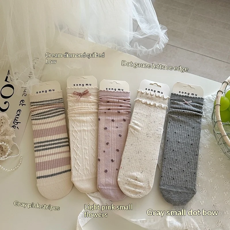 New Straight Tube Foot Pad Spring Summer Pink Korean Style JK Lolita Bow Seamless No Bone Stitch Mid Calf Scrunch Foot Pad