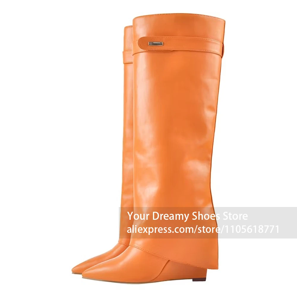 Buckle Strap Decor Pointed Toe Knee Boots Low Wedge Heel Soft Wrinkle Leather Texture Boots Fold Over Wide Pant Tube Shaft Boots