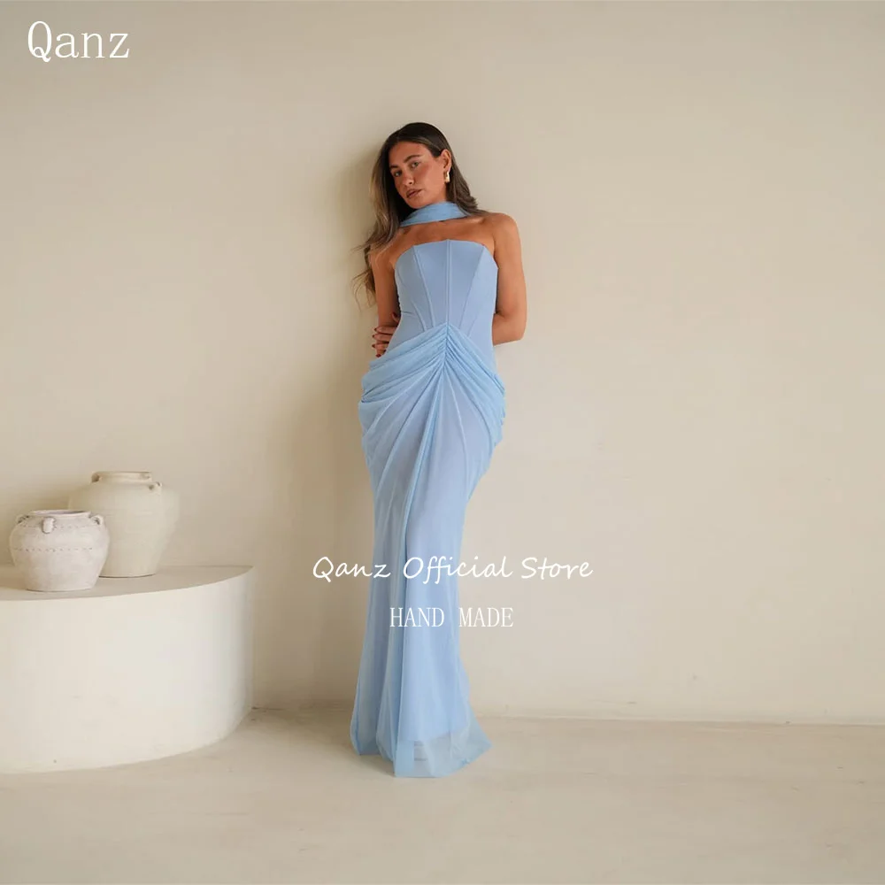 Qanz Elegant Light Blue Evening Dress Mermaid Strapless Formal dresses Woman Backles Women's Wedding Party Attire Customized