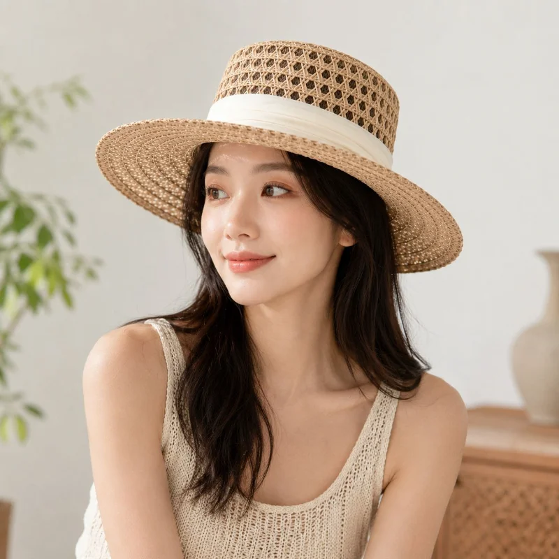 Women Retro Hollow Out Straw Hat UV Protection Sun Hat Breathable Outdoor Beach Vacation Travel Elegant French Style Visor Cap