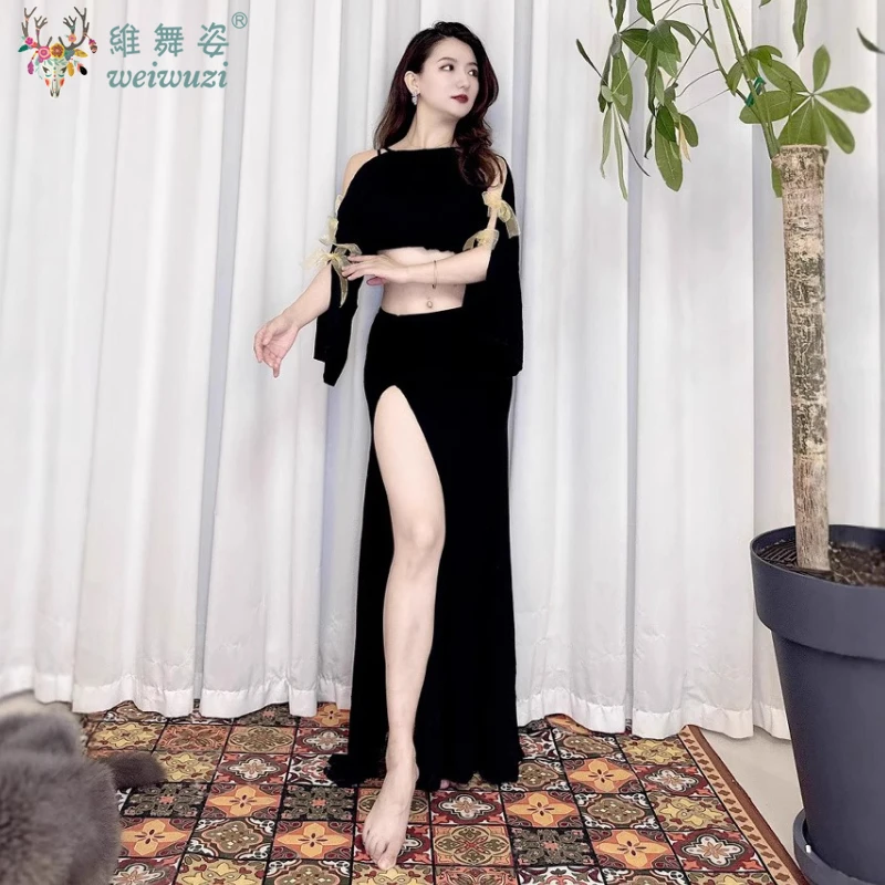 Danse du ventre femme adulte élégant Modal haut vêtements d'entraînement costume Oriental Dancewear taille haute chemise jupe longue ensemble de performance