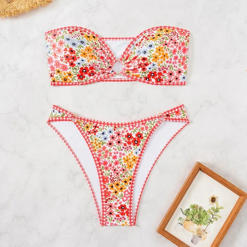 여성 스트랩리스 섹시 비키니 세트 여름 비치 파티 프린트 투피스 수영복 2025 여름 밴도 비치 휴가 수영복
