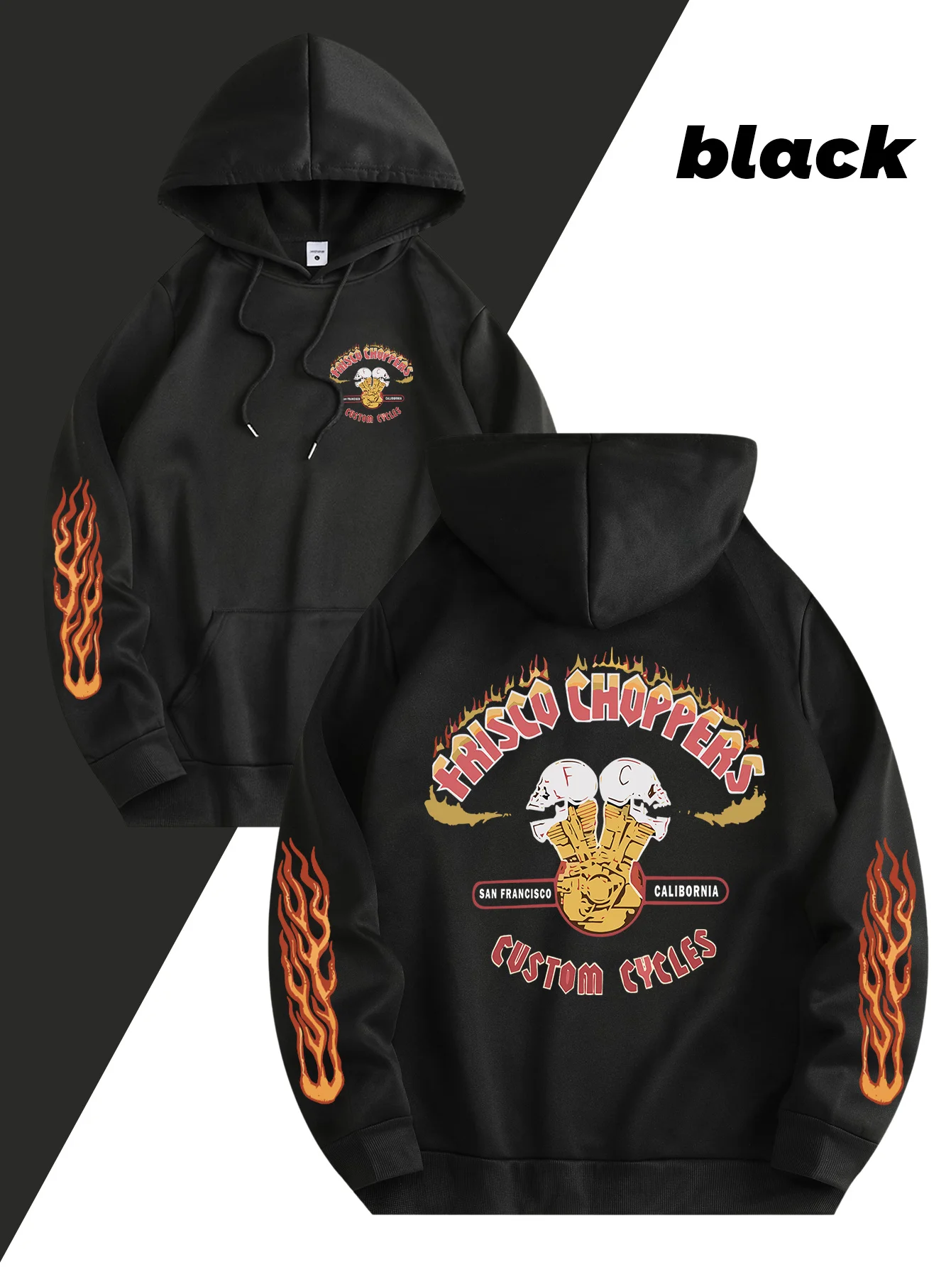 2026 Men Vintage Biker Multi‑Side Print Hoodie Skull Flame Pattern100%Polyester Elastic Knit Kangaroo Pocket Sweatshirt