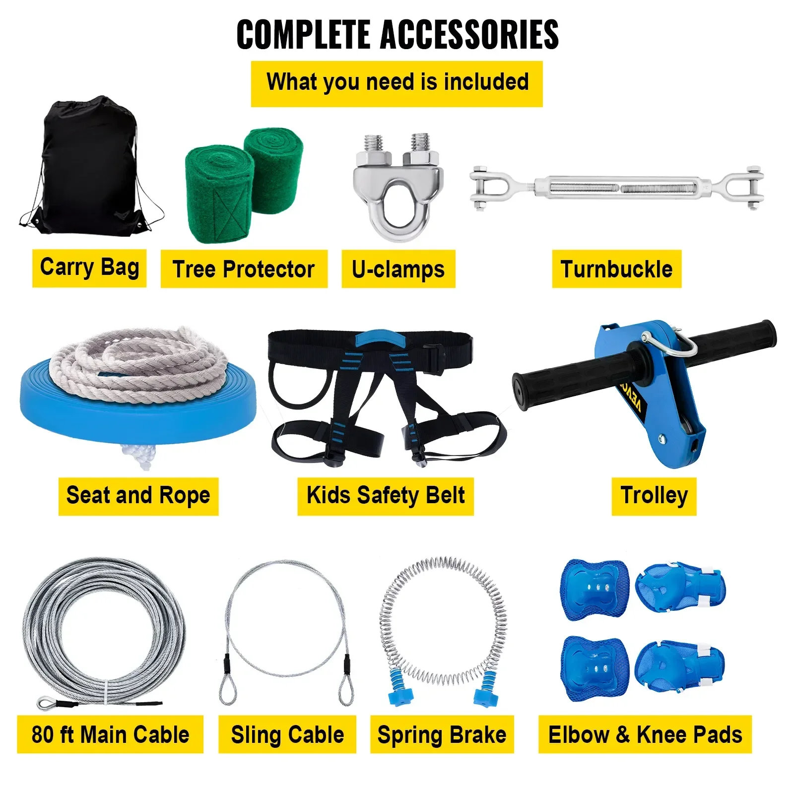 60/80FT Zip line Kits for Backyard Zip Lines for Kid and Adult Included Swing Seat Zip Lines Brake and Steel Trolley