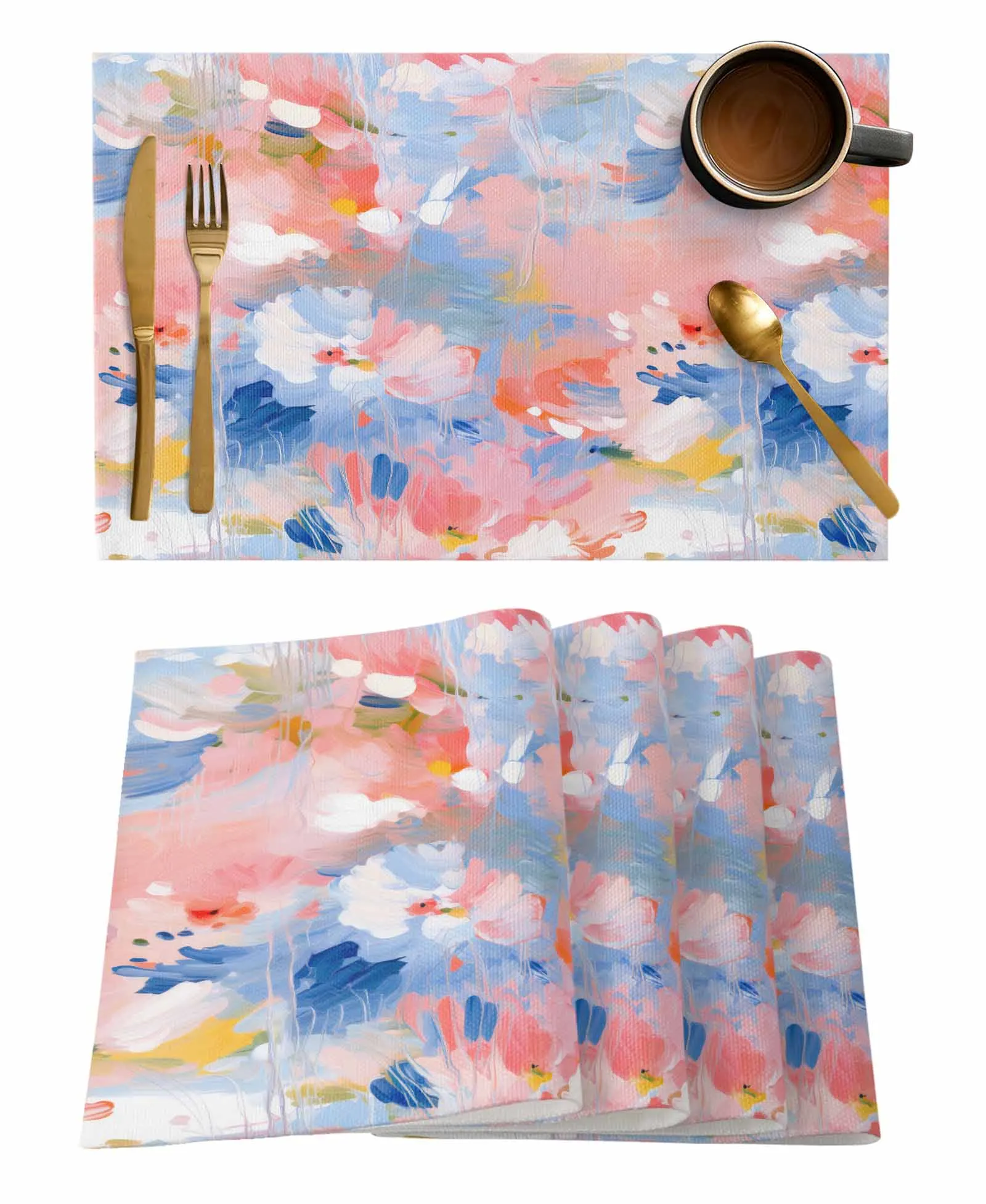 Abstract Flower Oil Painting Art Blue And Pink Coffee Dish Mat Kitchen Placemat Dining Table Rug Dinnerware 4/6pcs Pads