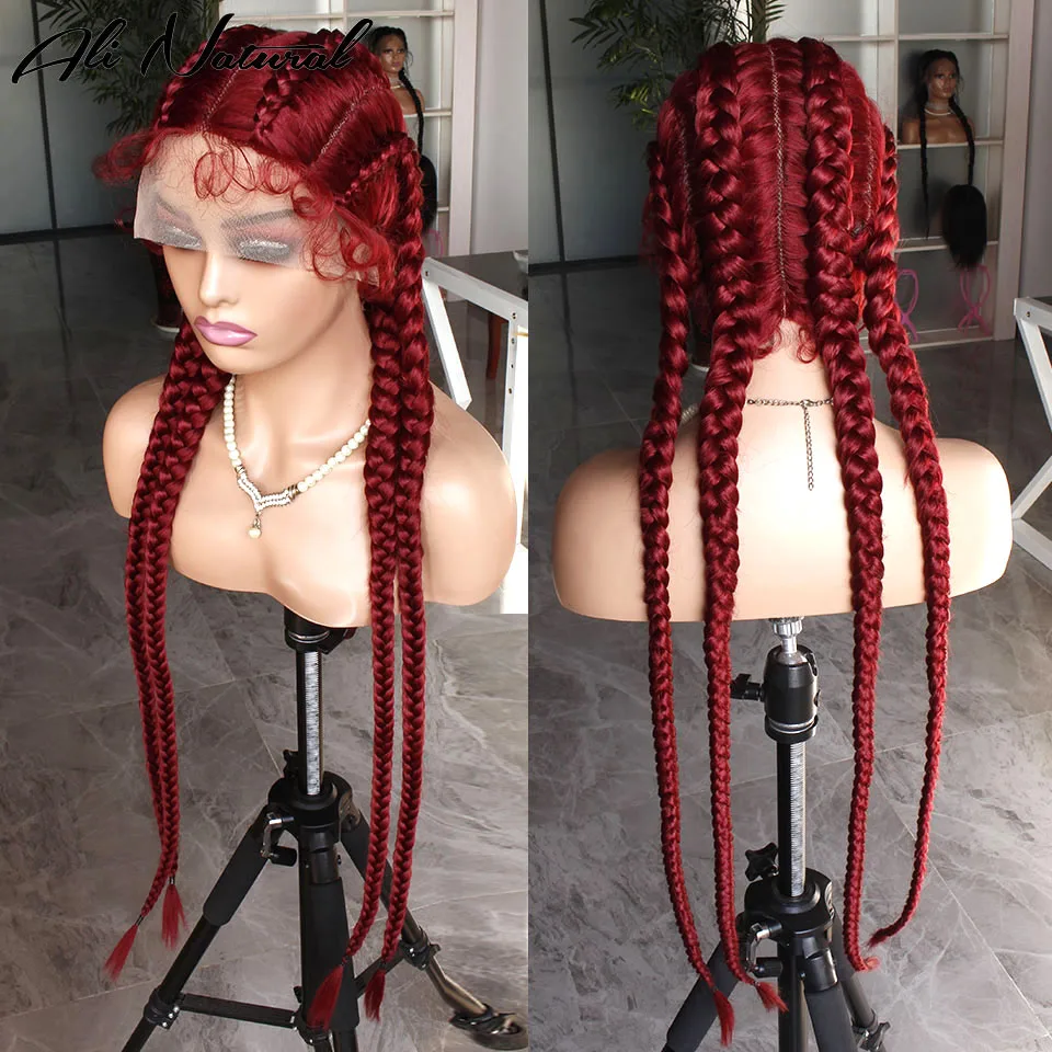 99J Color Box Braids wig African 4 braids Braided 360 Lace Wig For Black Women Dark Burgundy Synthetic Fiber