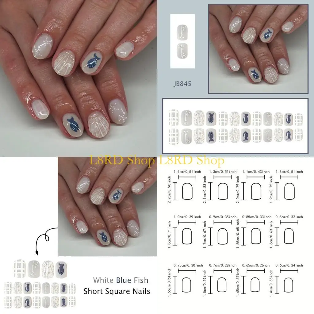 L8RD Press on Short Almond Fake French Full Cover Acrylic False Seashells Design Fake for Women and Girls