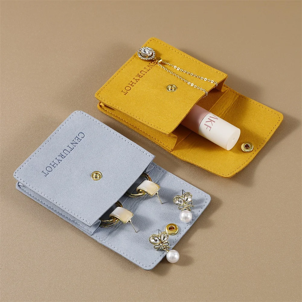 Bolsa de almacenamiento de joyas de terciopelo y gamuza de microfibra con logotipo personalizado con divisores: bolsa con botón a presión personalizada para pendientes y collares