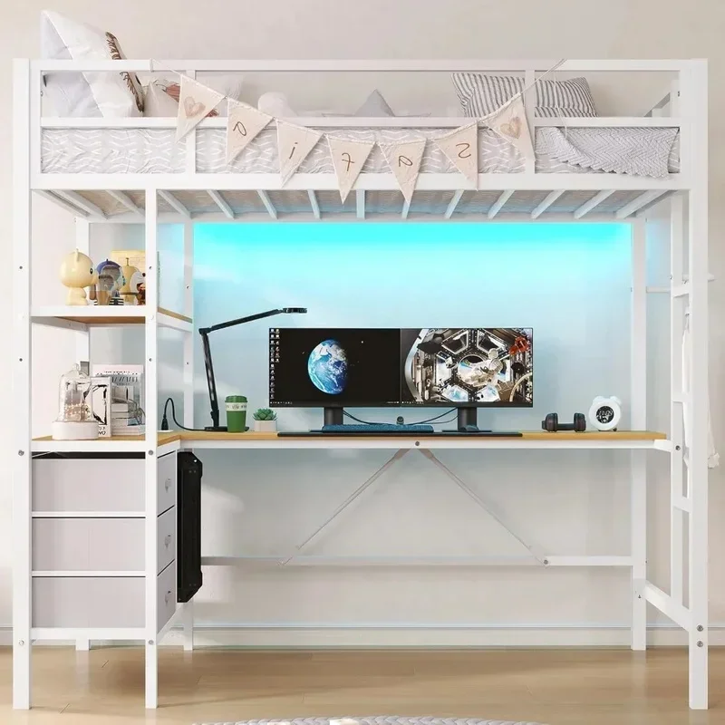 Cama alta con escritorio en forma de L, luces LED, estación de carga, estantes de almacenamiento y cajones de tela, juego de dormitorio, literas, muebles