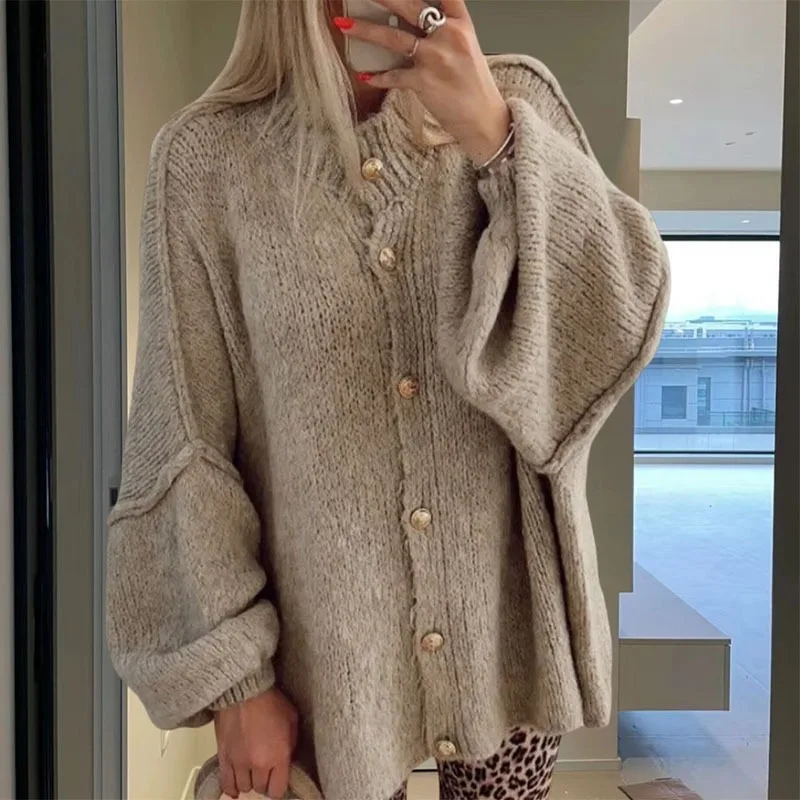 

Женский кардиган на пуговицах, однотонный трикотаж с круглым вырезом, женская однобортная верхняя одежда с длинными рукавами, осенне-зимние женские вязаные пальто