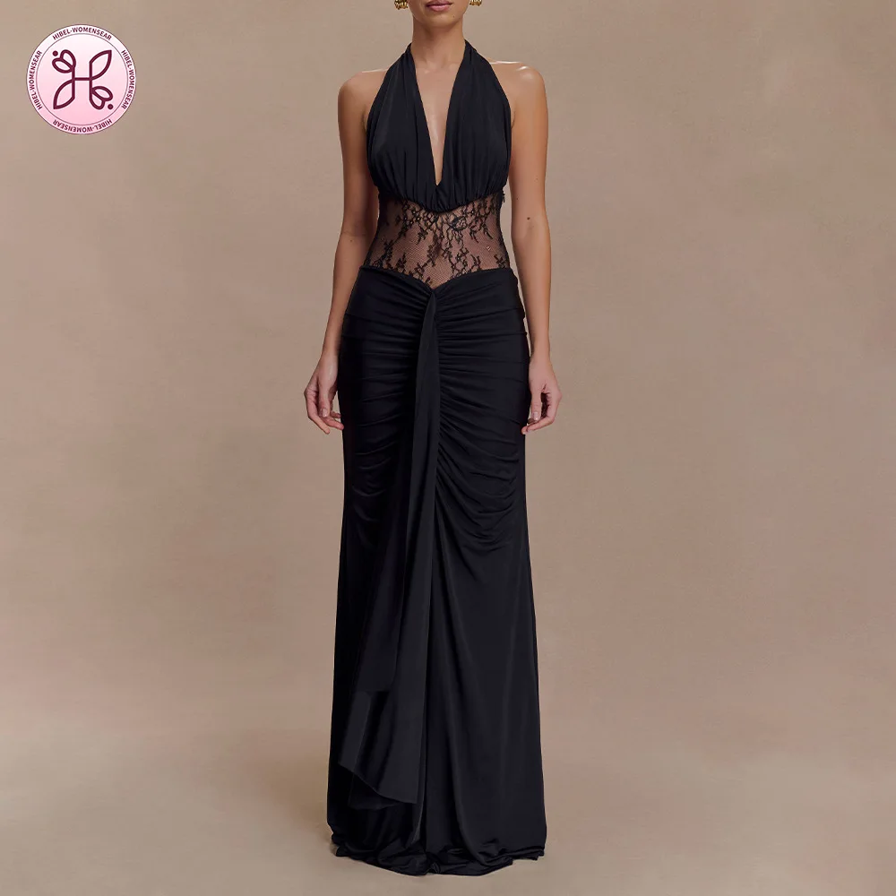 Elegant Deep V Halter Dress - Sexy Backless Cut-Out Ribbon Waist Maxi (Women's 2024 Evening Party Gown)