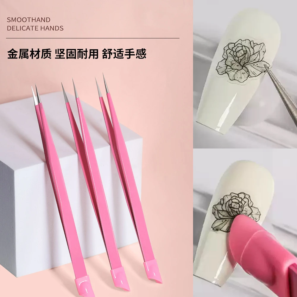 14.6cm Long Multi-function Double Sided Tweezers Silicone Pressing Head Nail Tweezers Sticker Rhinestones Picker Manicure Tools