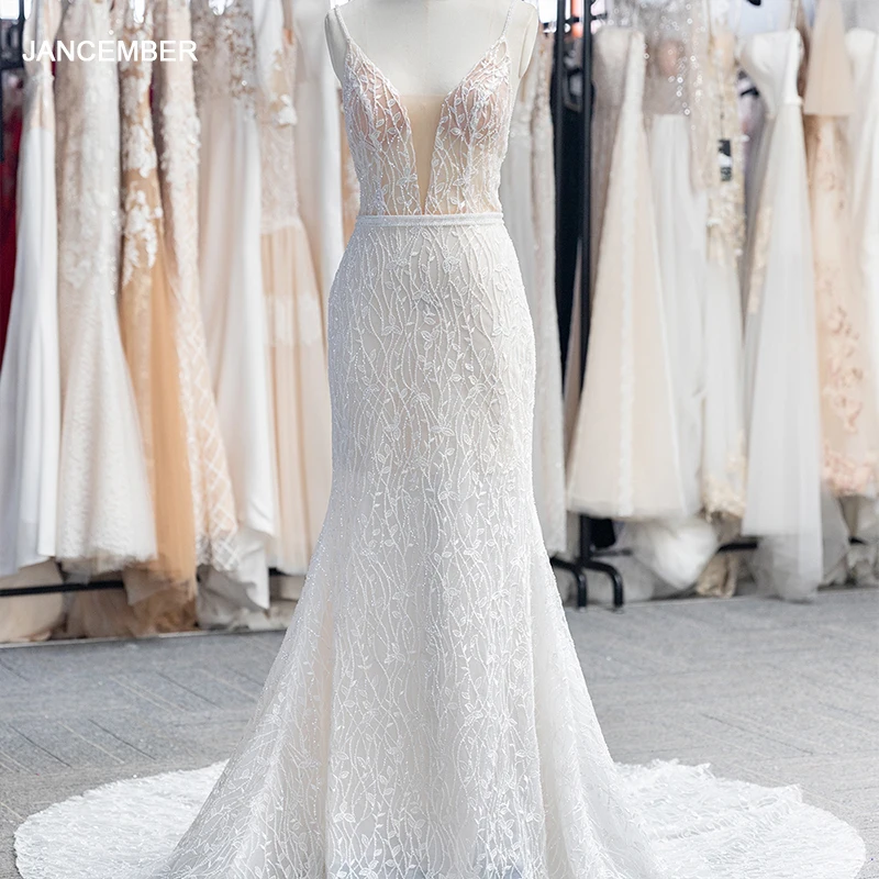 

Boho Wedding Dress Princess Mermaid V-Neck Spaghetti Straps Bride Party Appliques Backless Lace Up Bridal Gown vestido de novia