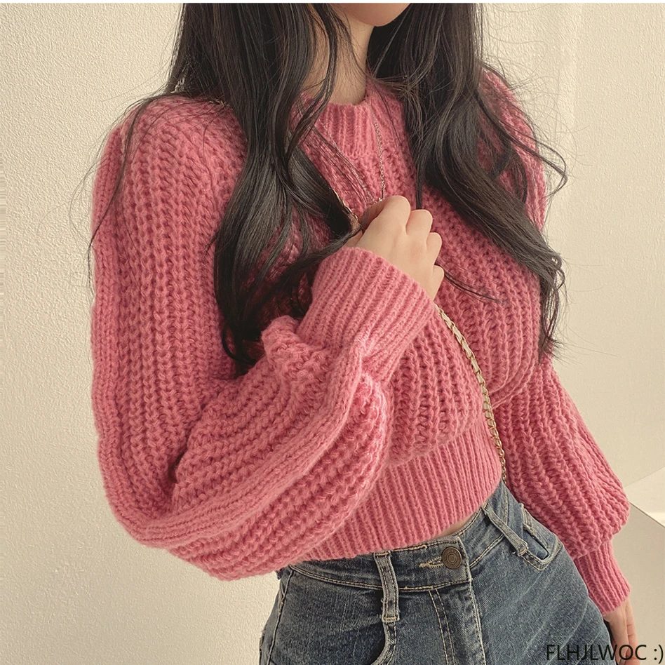 4 Colors 2023 Winter Autumn Knitted Sweater Pullovers New Design Cute Sweet Japan Girls Solid O Neck Short Crop Knit Tops