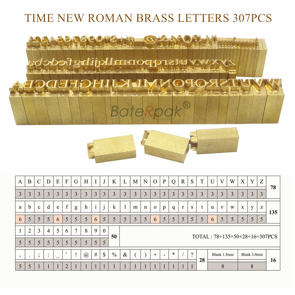 

307PCS/SET Time New Roman Font style brass hot foil stamping letters ,Based on "A" height 4mm, no holder