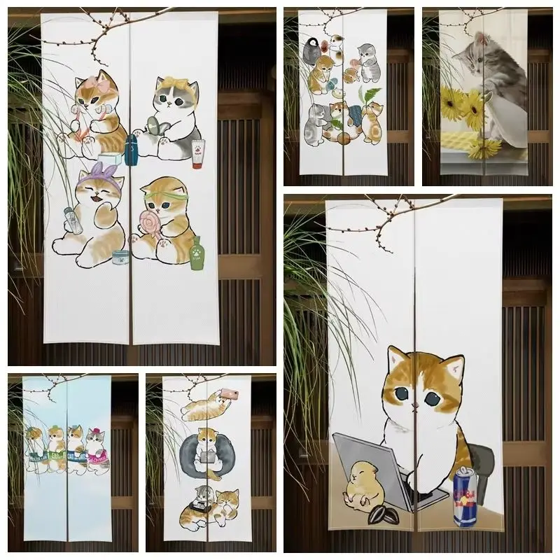 VIKAMA Cute Kitten Cat Japanese Print Short Rod Pocket Door Curtain Kitchen Entryway Bedroom Divider Decor Drapes