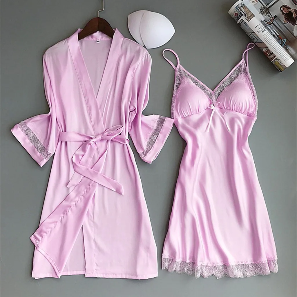 Novo conjunto de duas peças de pijamas de seda de cetim para senhoras cor sólida borda de renda sexy moda robes e suspender sleepwear vestido