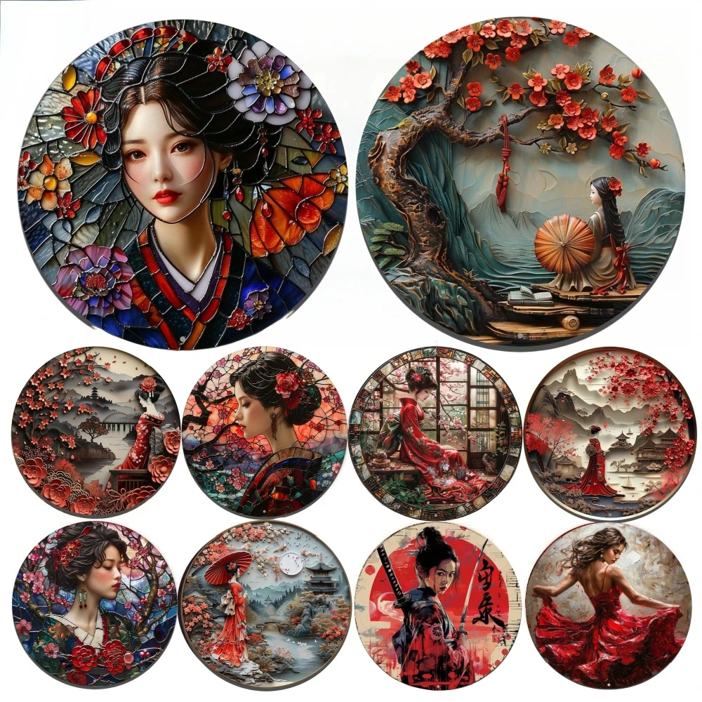 3D runde Metall Aluminium Zeichen Kunst japanische Kimono dekorative Platten Eingang Geschenk Maske Thema für Bar Club Home Room Wand dekoration