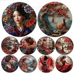3D Round Metal Aluminum Sign Art Japanese Kimono Decorative Plates Entrance Gift Mask Theme For Bar Club Home Room Wall Decor