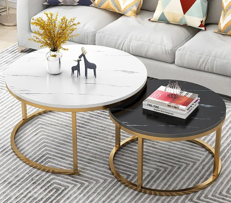 Living Room Furniture Black White Gold Metal Nordic Luxury Round Design Modern Marble Top Tea Table Set Coffee Table