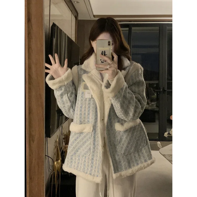 Tweed Style Double-Sided Wear Lambswool Cotton Jacket Women's Winter Thickened Petite Plush Cotton-Padded Coat Loose Fit