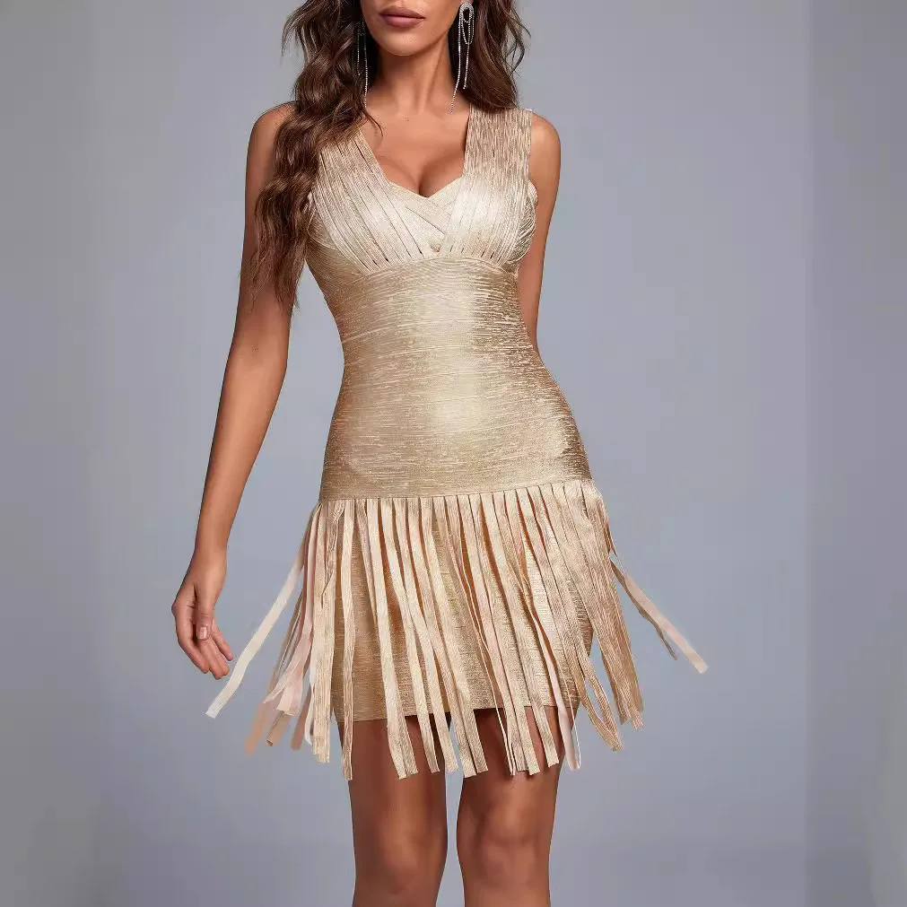 

Bronzing evening dress fringed hem deep V-neck backless slim dress high-end bandage skirt party sexy temperament elegant high-en