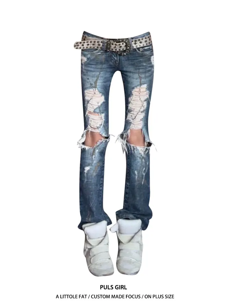 

Low Waist Slim Fit American Style Denim Jeans Women's plus Size Washed out Ink Splatter Hole Punch Long Pants Casual Wear