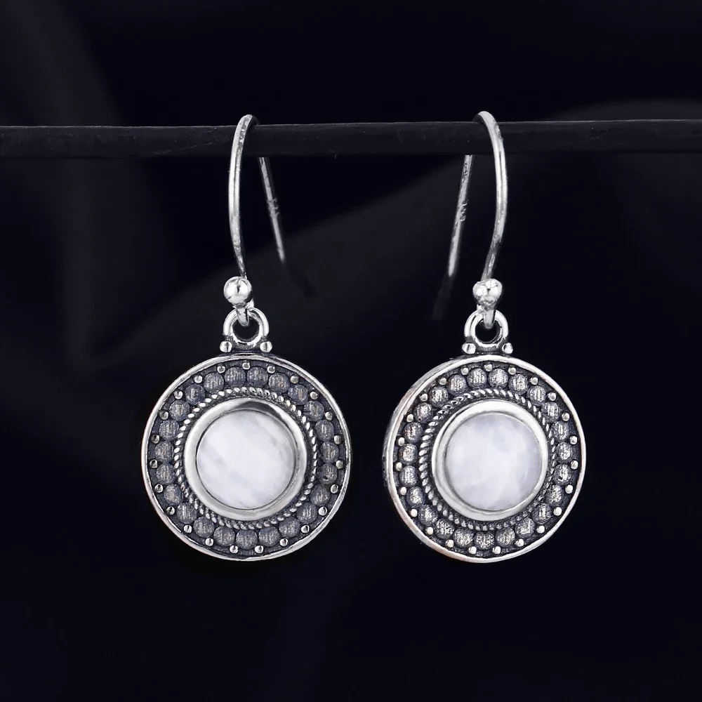 

Natural Round Moonstone Earrings 925 Sterling Silver Earrings for Women Vintage Jewelry Wedding Party Anniversary Gift Fashion