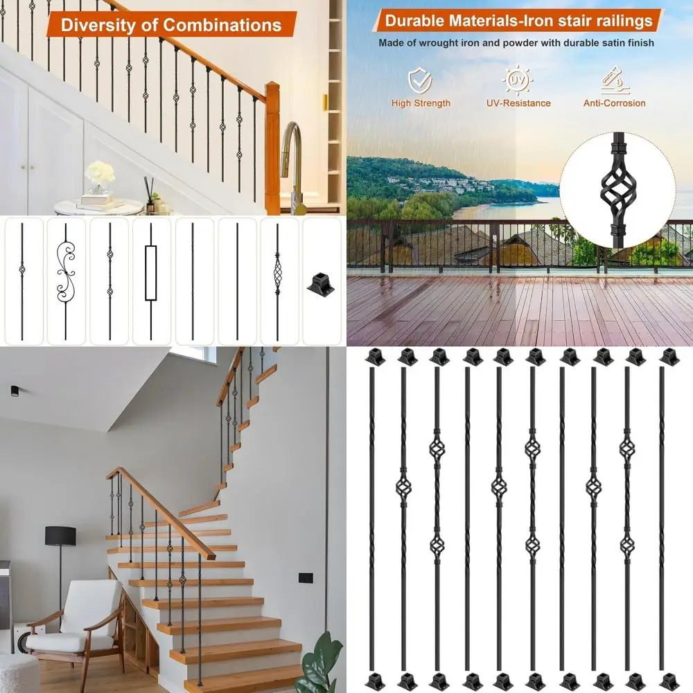 

10-Pack 44 Satin Black Hollow Basket Metal Balusters with 20 Shoes for Indoor Stair Railing
