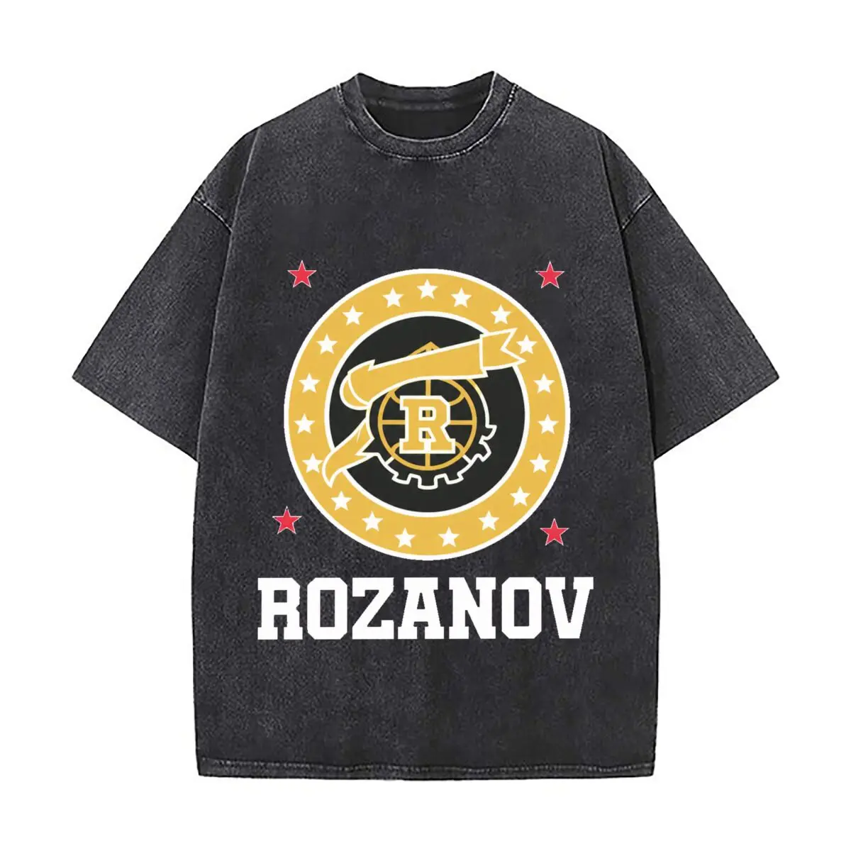 Golden Letter R Star Circle Ribbon Emblem Washed Distressed Loose Streetwear Tops for City Walks