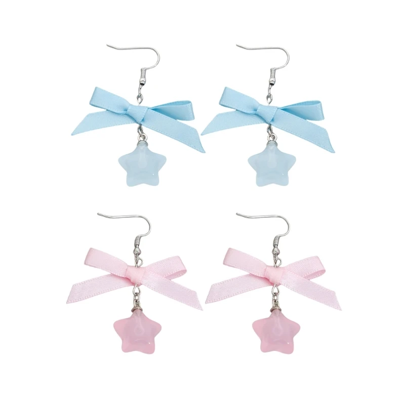 Lovely Star Shaped Ribbon Earrings with Bowknot Detail Girl Pendant Earrings Ear Jewelry Comfortable Wear for All Ages