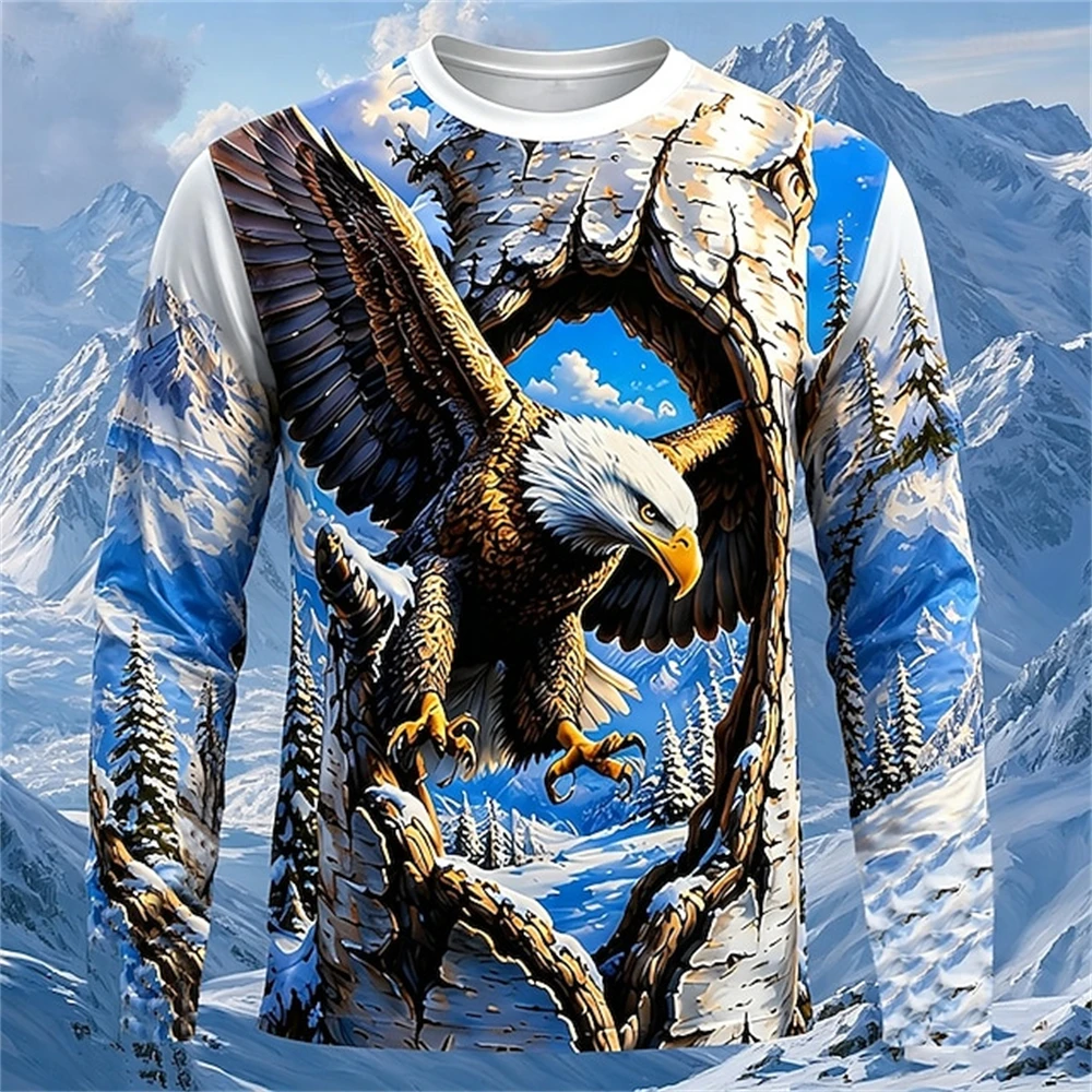 Funny 3D Eagle Print T Shirt For Men Autumn Casual O-neck Long Sleeve T-shirt Fashion Animal Pattern Loose Tops Street Clothing