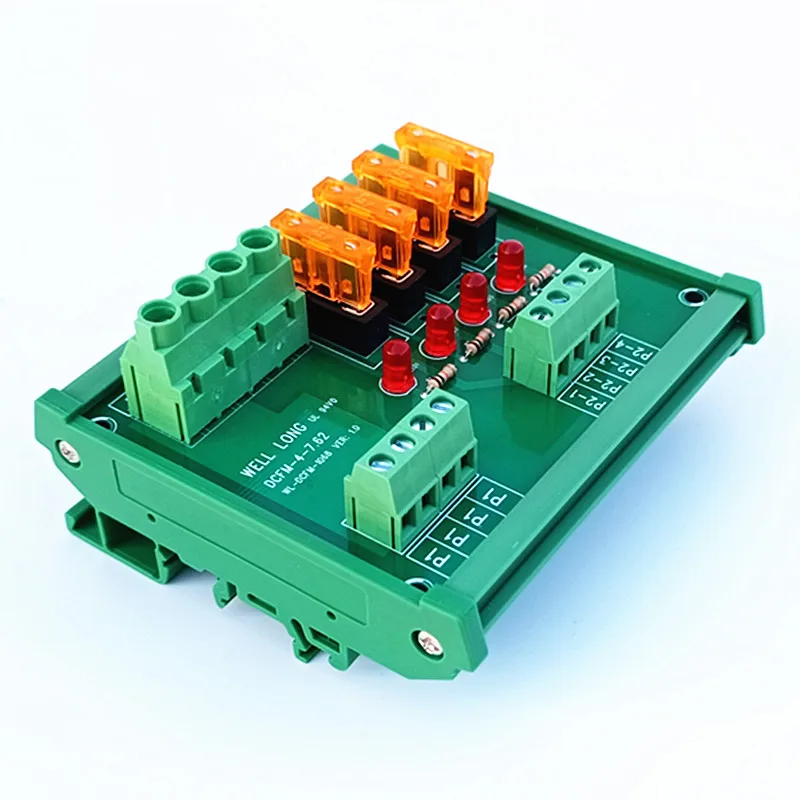 Scheda del modulo di distribuzione dell\'alimentazione del fusibile a 4 posizioni con montaggio su guida DIN, per AC/DC 5 ~ 32V.