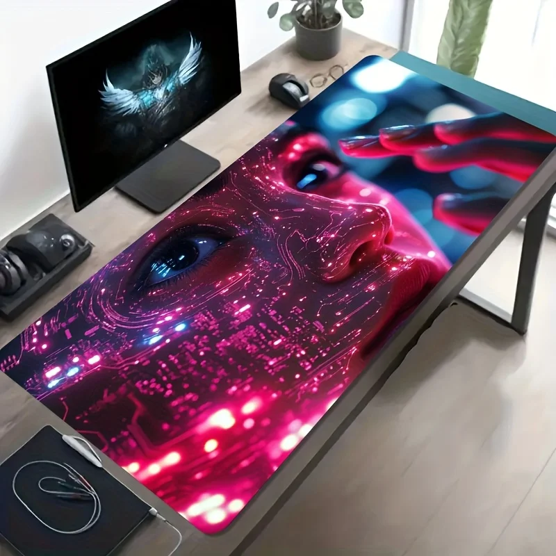 Large Gaming Mouse Pad Futuristic Character Face Art Non Slip Washable Rubber Base Stain Resistant Oversized Desk Mat Computer O