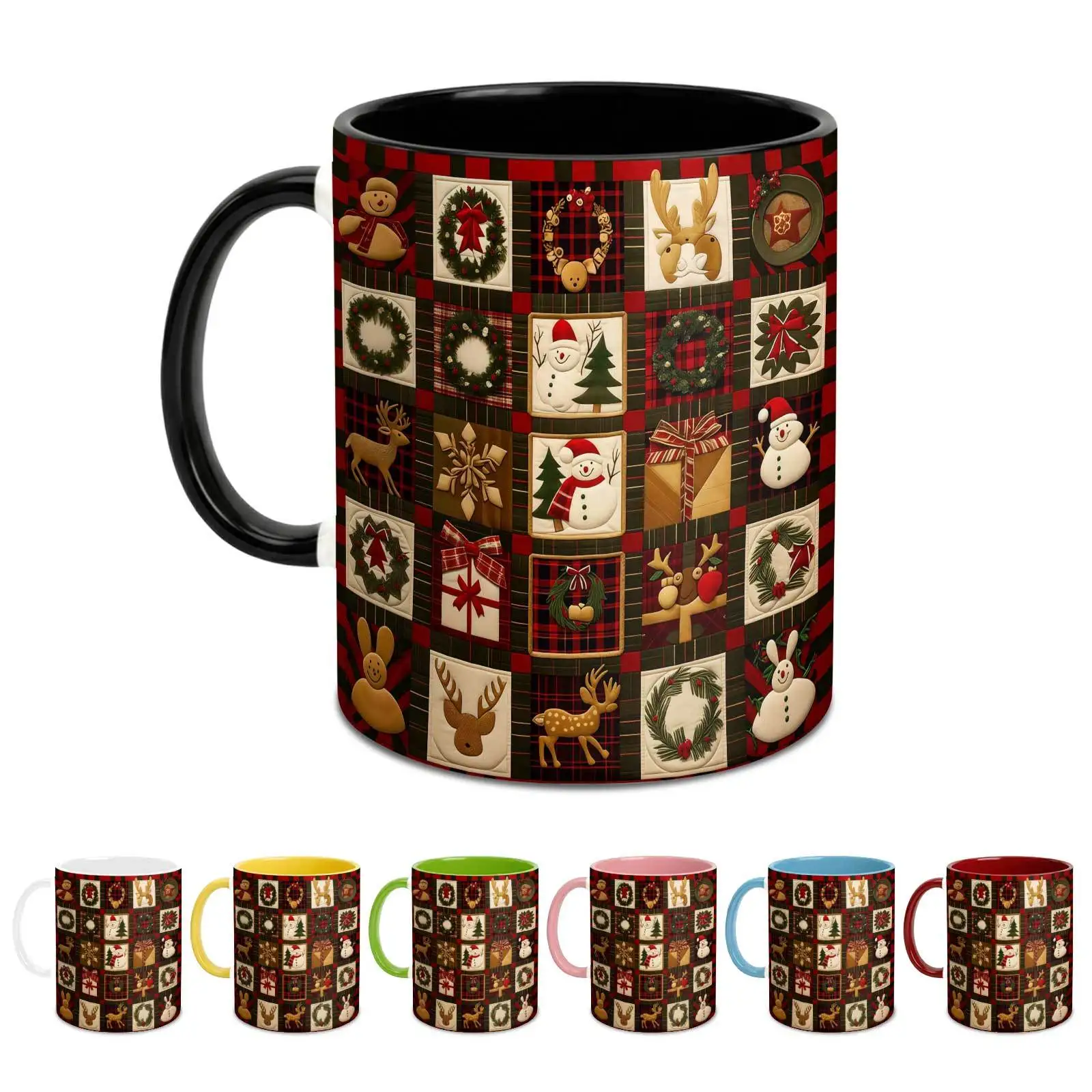 1pc, Christmas Quilt Patchwork Pattern, 11 Oz Colored Ceramic Mug, Festive Holiday Elements Print, for Home And Office, Christmas Gift, Tumbler, Local Warehouse, Gifts for Men And Women, Friends