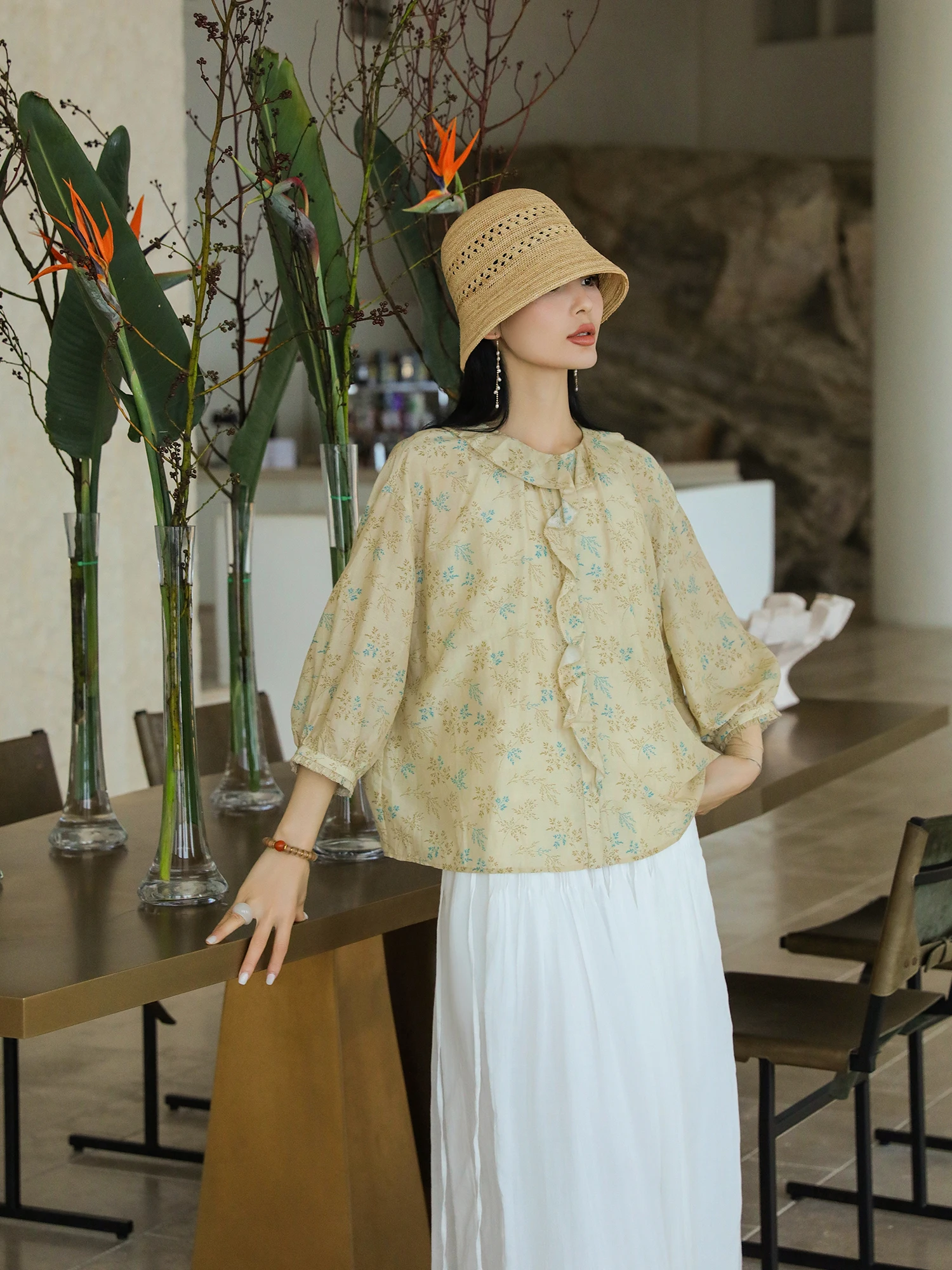 

Mallin Lightweight ort Printed Le Design Silk Cotton Blend Light Touch irt Comfortable Commute Sle round Ne